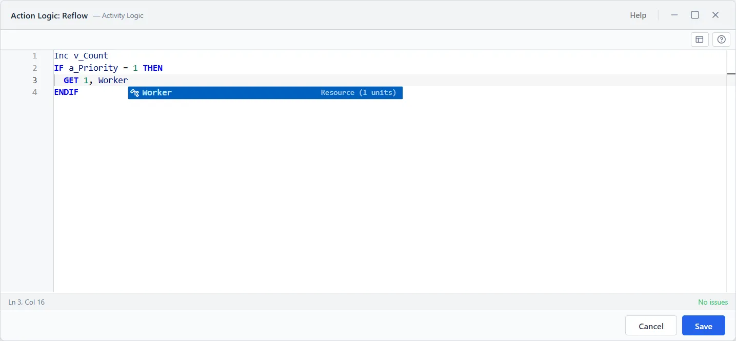 The action-logic language with syntax highlighting and an autocomplete suggestion for a resource