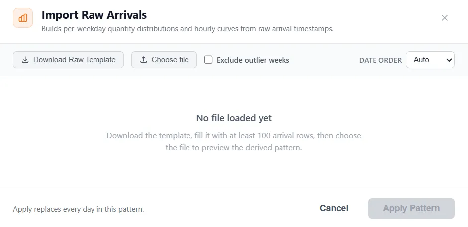 Importing raw arrivals to derive a pattern