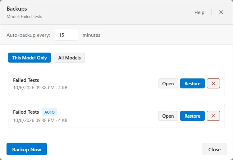 The Backups window: an Auto-backup every 15 minutes setting at the top, This Model Only and All Models buttons, then a list of backups each showing a name, a date, a size, and Open, Restore and delete controls, with an AUTO tag on the automatic ones, and Backup Now and Close along the bottom