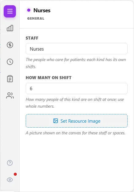 The General tab of the Nurses resource: the box Staff holding Nurses with the line The people who care for patients; each kind has its own shifts, the box How many on shift holding 6, and a button that sets the resource's graphic.