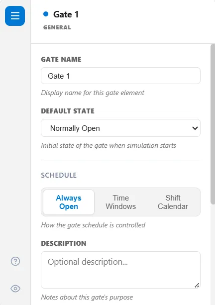 The gate General tab, with the Schedule buttons below Default State