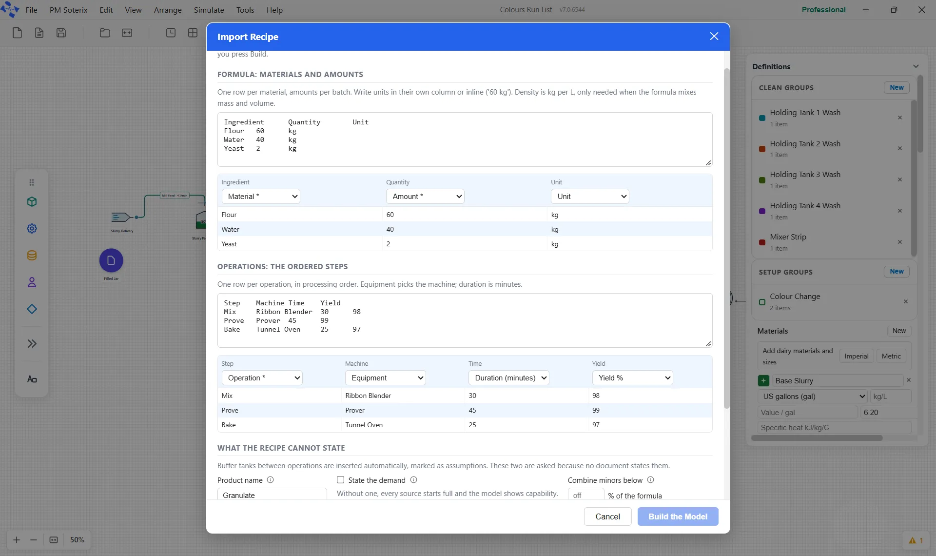 The Import Recipe window with a pasted formula and operations, and the column mapping under each.