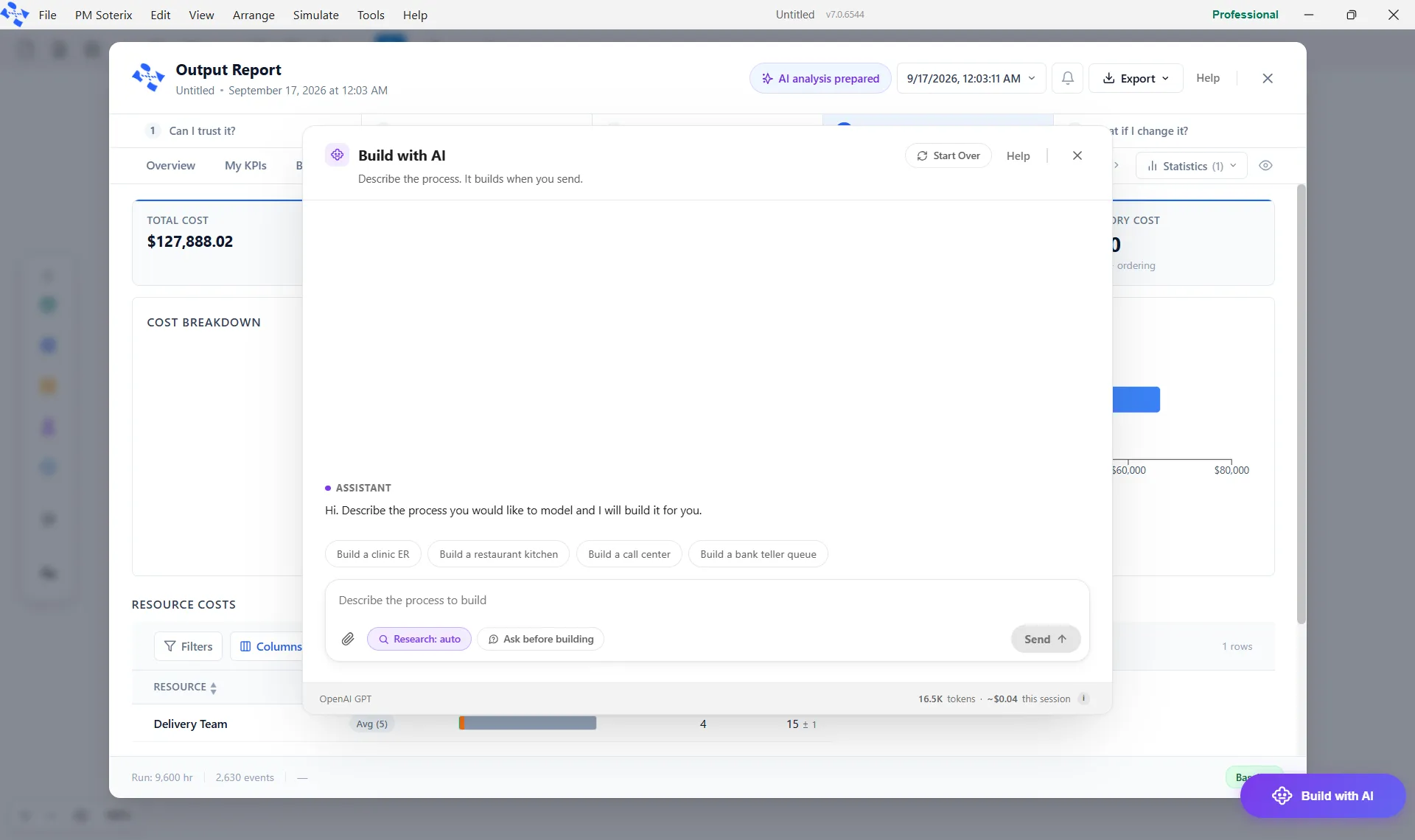 The Build with AI chat panel, with starting suggestions, the Research and Ask before building controls, and Send.
