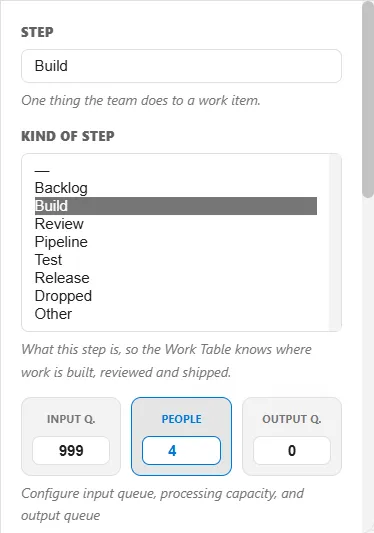 A Step's Kind of step dropdown, listing Backlog, Build, Review, Pipeline, Test, Release, Dropped and Other.