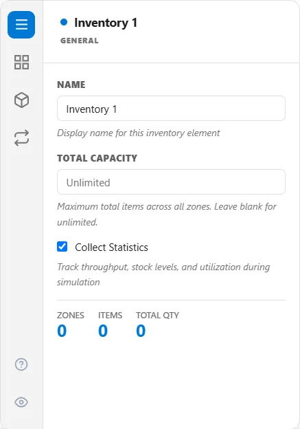 The General tab of an Inventory element: its name, a Total Capacity box left unlimited, the Collect Statistics choice, and counts of zones, items and total quantity