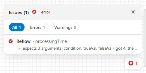 The Issues panel above its badge at the bottom right of the canvas: the heading Issues (1) with 1 error beside it, the chips All 1, Errors 1 and Warnings 0, and one row reading Reflow, processingTime, with the message 'IF' expects 3 arguments (condition, trueVal, falseVal); got 4. Below the panel a red badge reads 1.