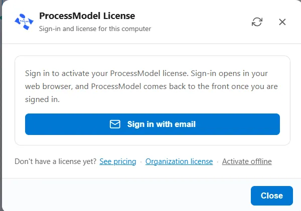 The License window signed out, showing a Sign in with email button and links for pricing, an organization license, and offline activation