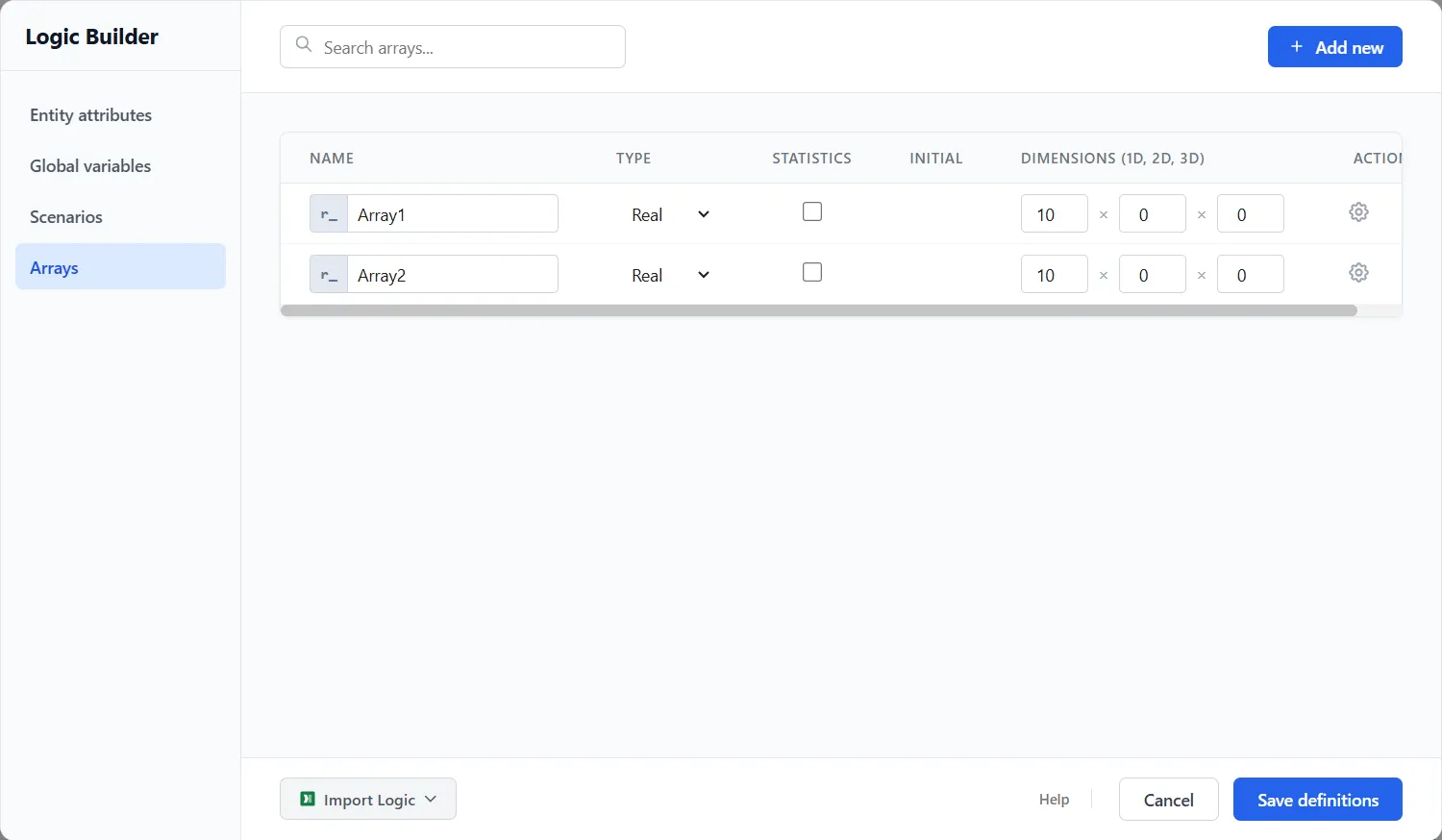 The Arrays tab in the Logic Builder