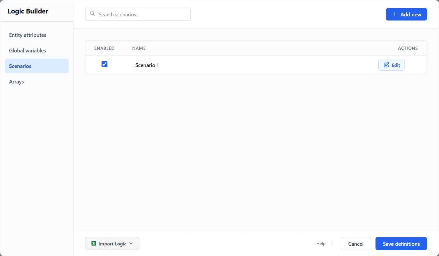 The Scenarios tab in the Logic Builder