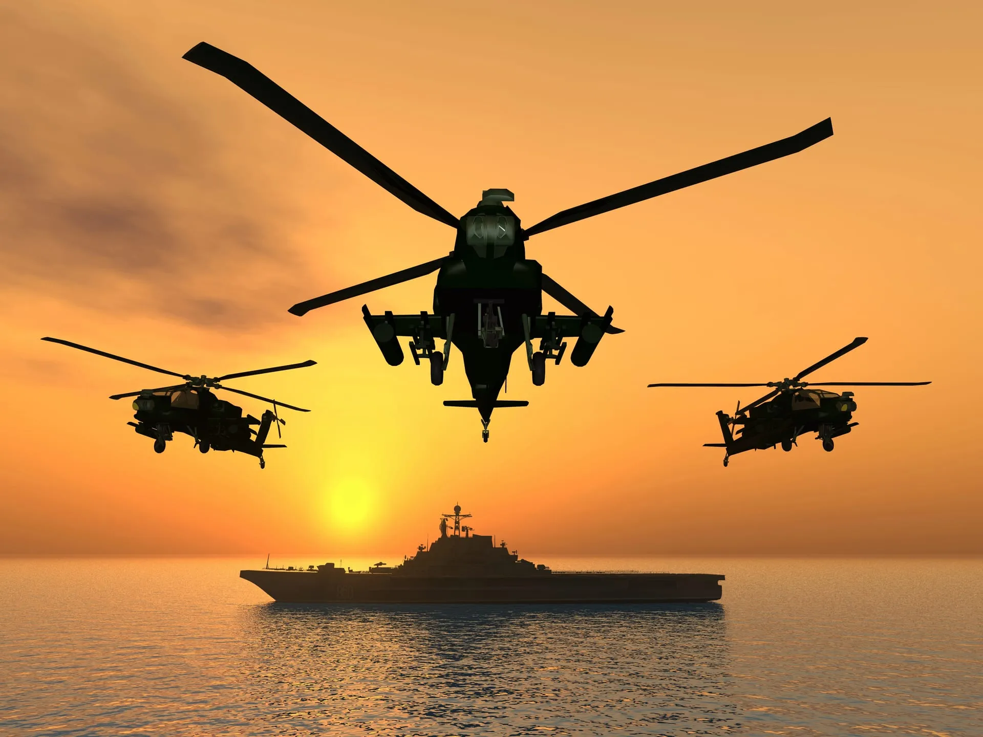 Military helicopters and a naval ship at dusk