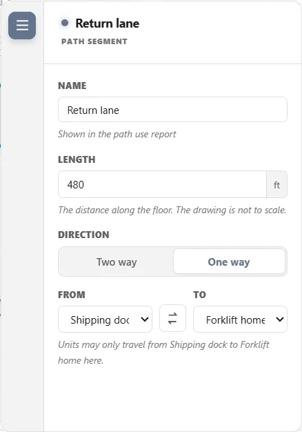 The Path segment panel for Return lane with Direction set to One way, From Shipping dock and To Forklift home, the Swap From and To button, and the line Units may only travel from Shipping dock to Forklift home here.