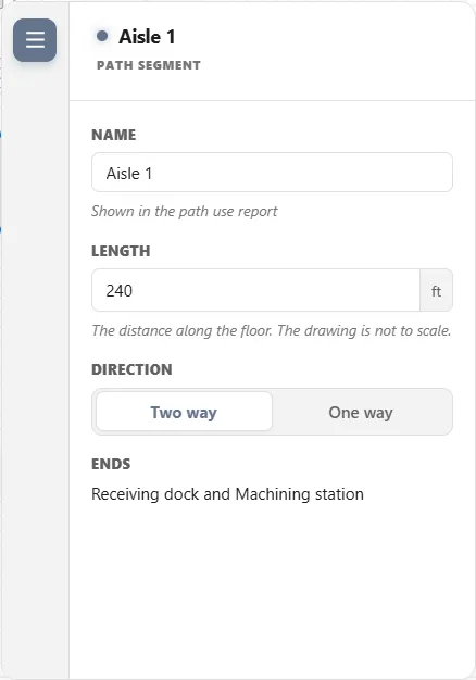 The Path segment panel for Aisle 1: Name Aisle 1, Length 240 ft, Direction Two way, and Ends Receiving dock and Machining station.