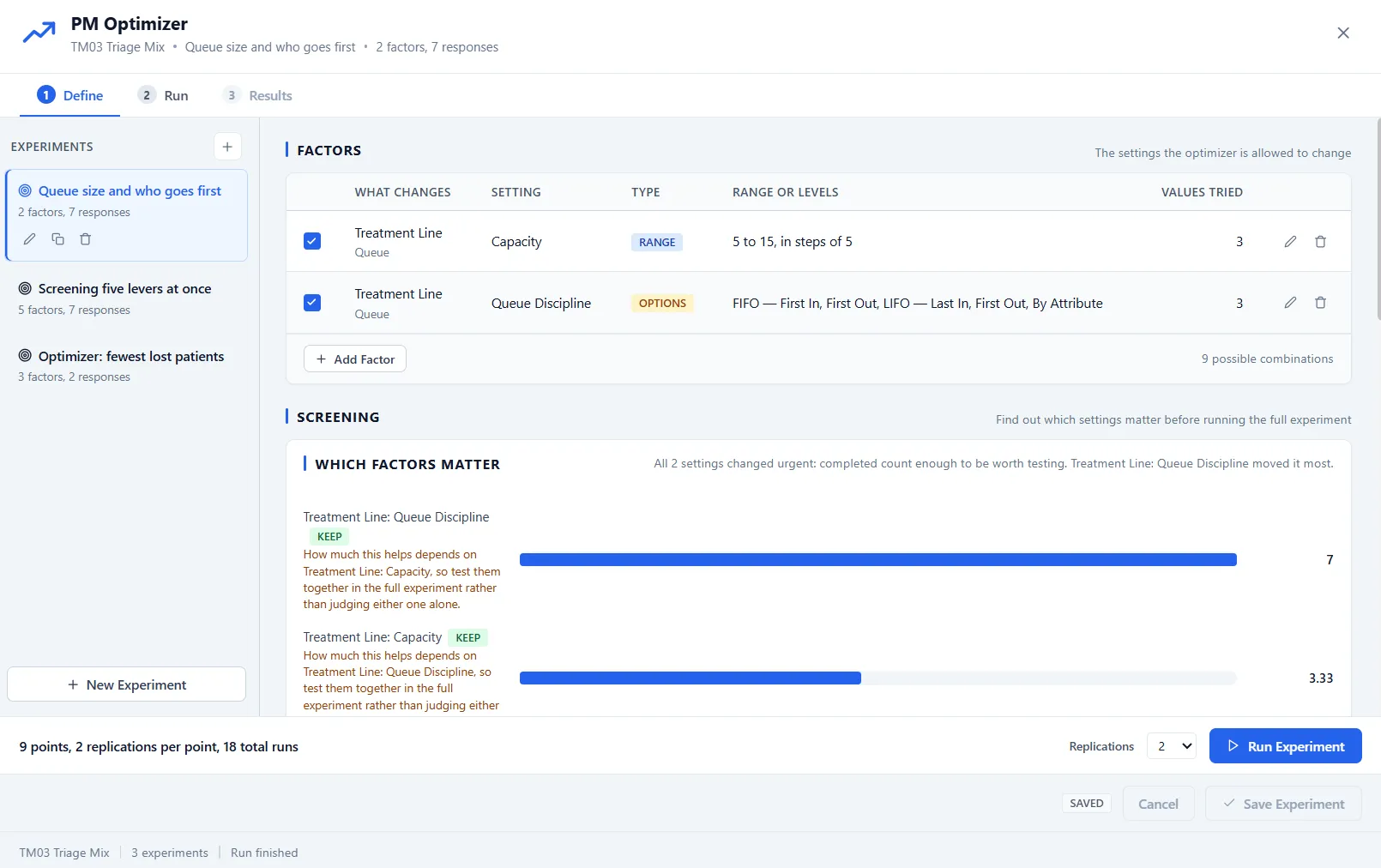 The Define step: the experiments list, the factors table, and the run summary.