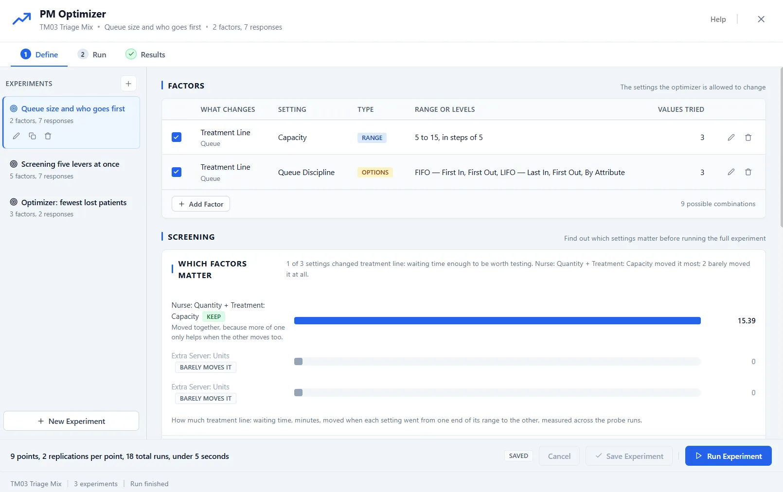 The Define step: the experiments list, the factors table, screening, and the run footer.