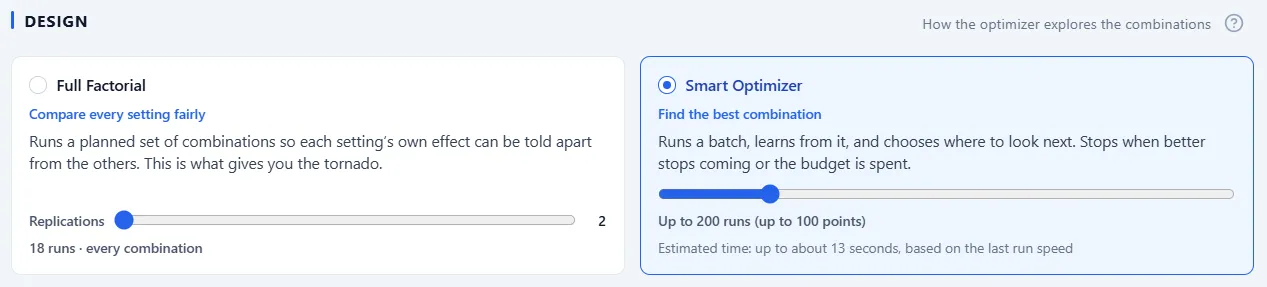The two design cards: Full Factorial and the Smart Optimizer.