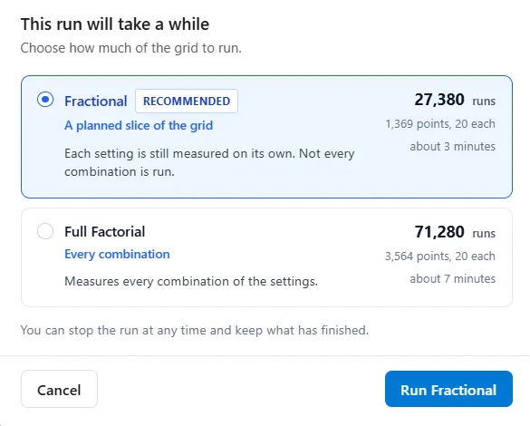 The choice dialog, offering a Fractional slice of the grid beside the full one.