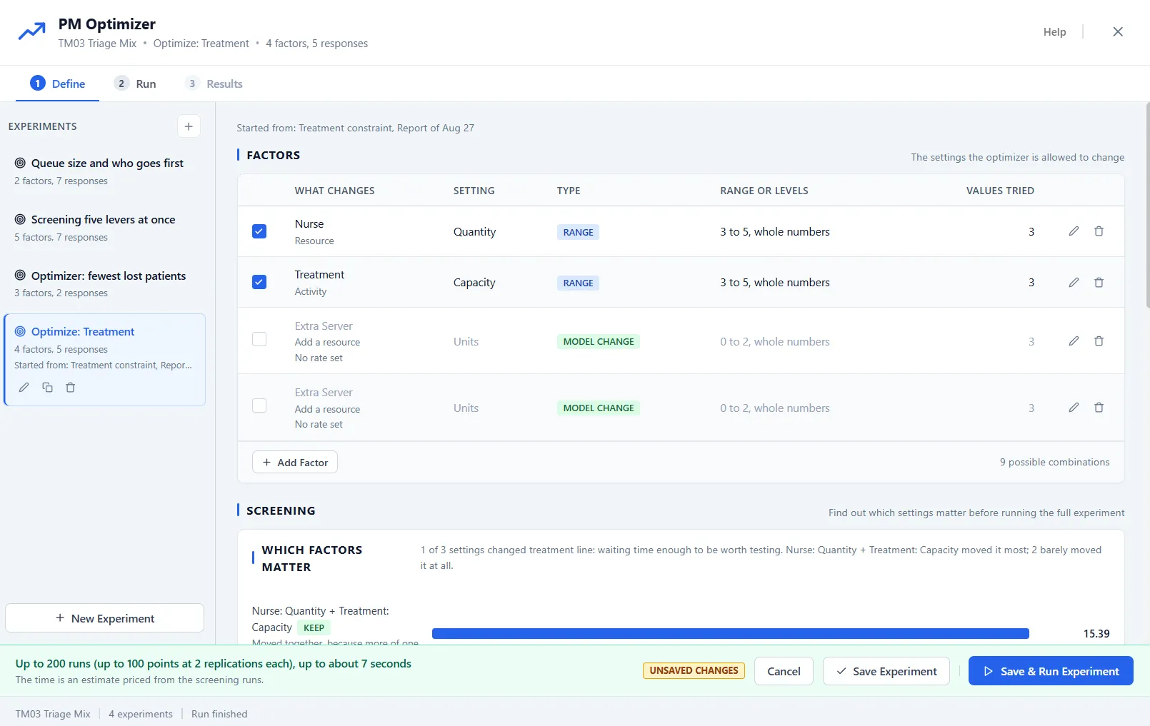 The seeded draft on Define, with its Started from caption and the screening already run.