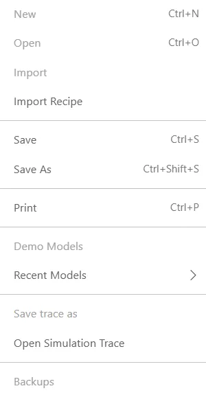 The File menu while an AI works: New, Open, Import, Demo Models, Save trace as and Backups are gray, while Import Recipe, Save, Save As, Print, Recent Models and Open Simulation Trace stay available.