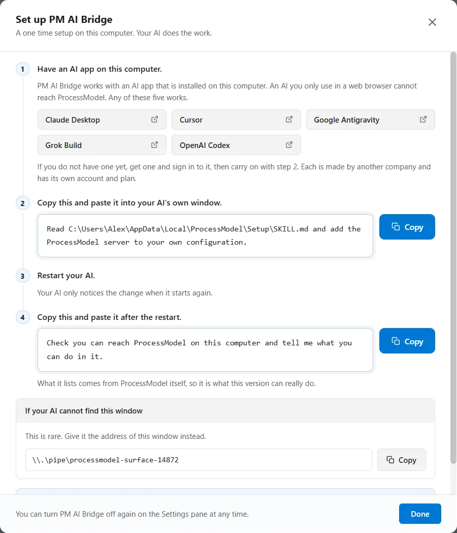 The Set up PM AI Bridge window showing four numbered steps: have an AI app, with a button each for Claude Desktop, Cursor, Google Antigravity, Grok Build and OpenAI Codex; a line to copy and paste into your AI's own window; restart your AI; and a line to copy and paste after the restart.