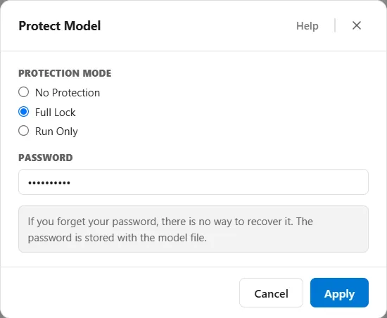 The Protect Model window, with Protection Mode set to Full Lock, a Password field, and a warning that a forgotten password cannot be recovered