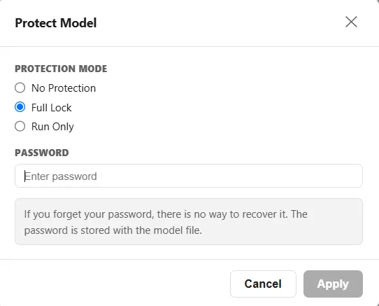 The Protect Model window, with Protection Mode set to Full Lock, a Password field, and a warning that a forgotten password cannot be recovered