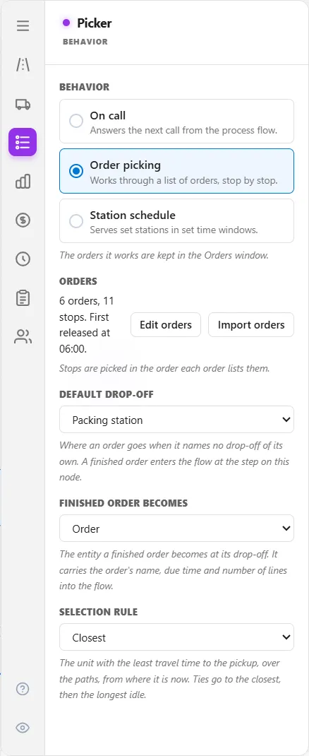 The Picker's Behavior tab with Order picking chosen. Under it the Orders line with Edit orders and Import orders, Default drop-off set to Packing station, Finished order becomes set to Order, and the Selection rule.