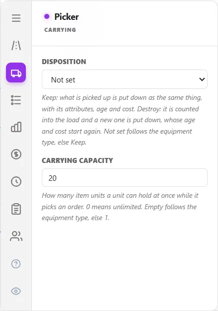The Picker's Carrying tab: Disposition and Carrying Capacity set to 20, with the line How many item units a unit can hold at once while it picks an order. 0 means unlimited.