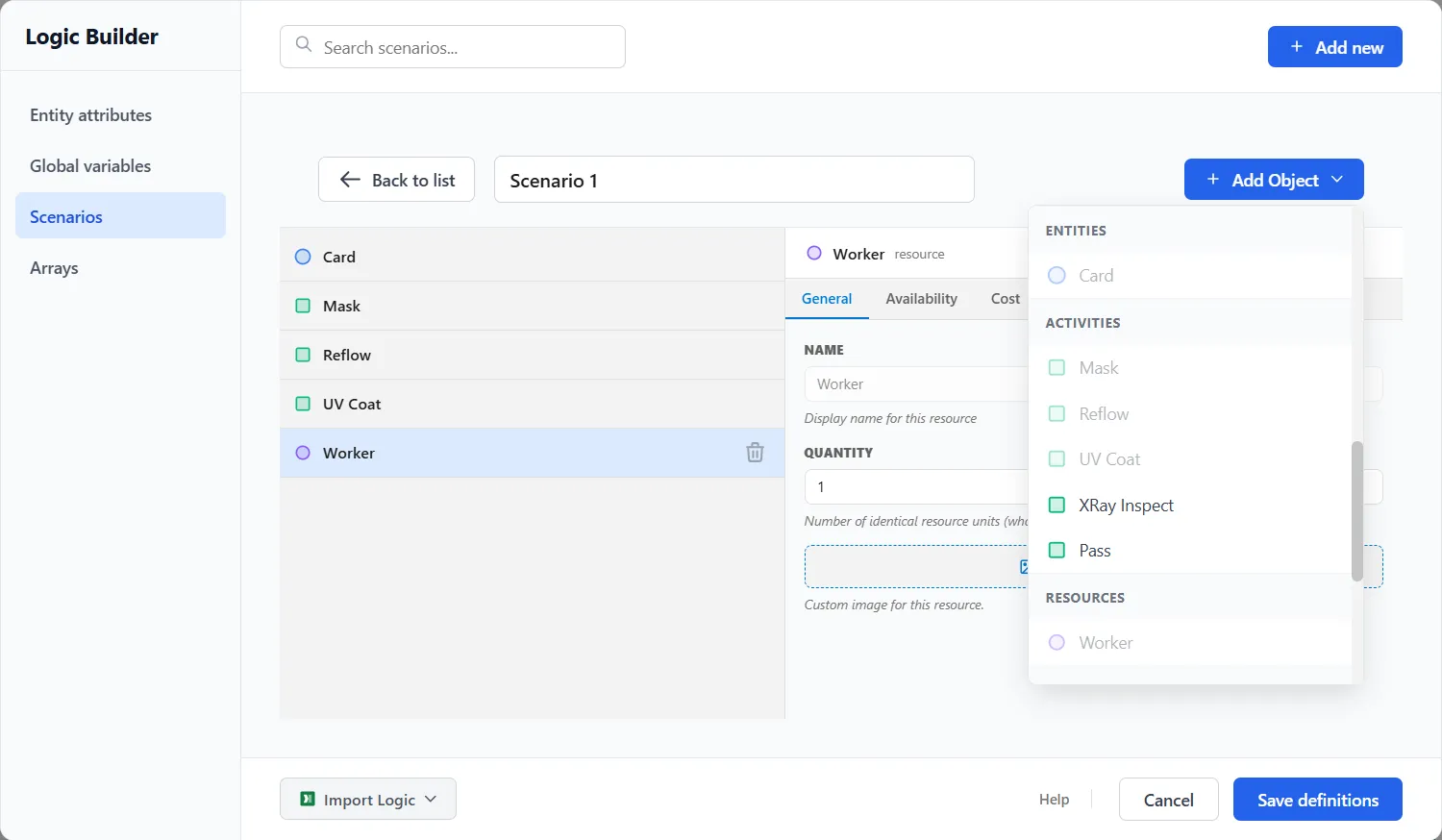 A scenario open in the Scenarios editor, with its Add Object menu open to pick what the scenario changes