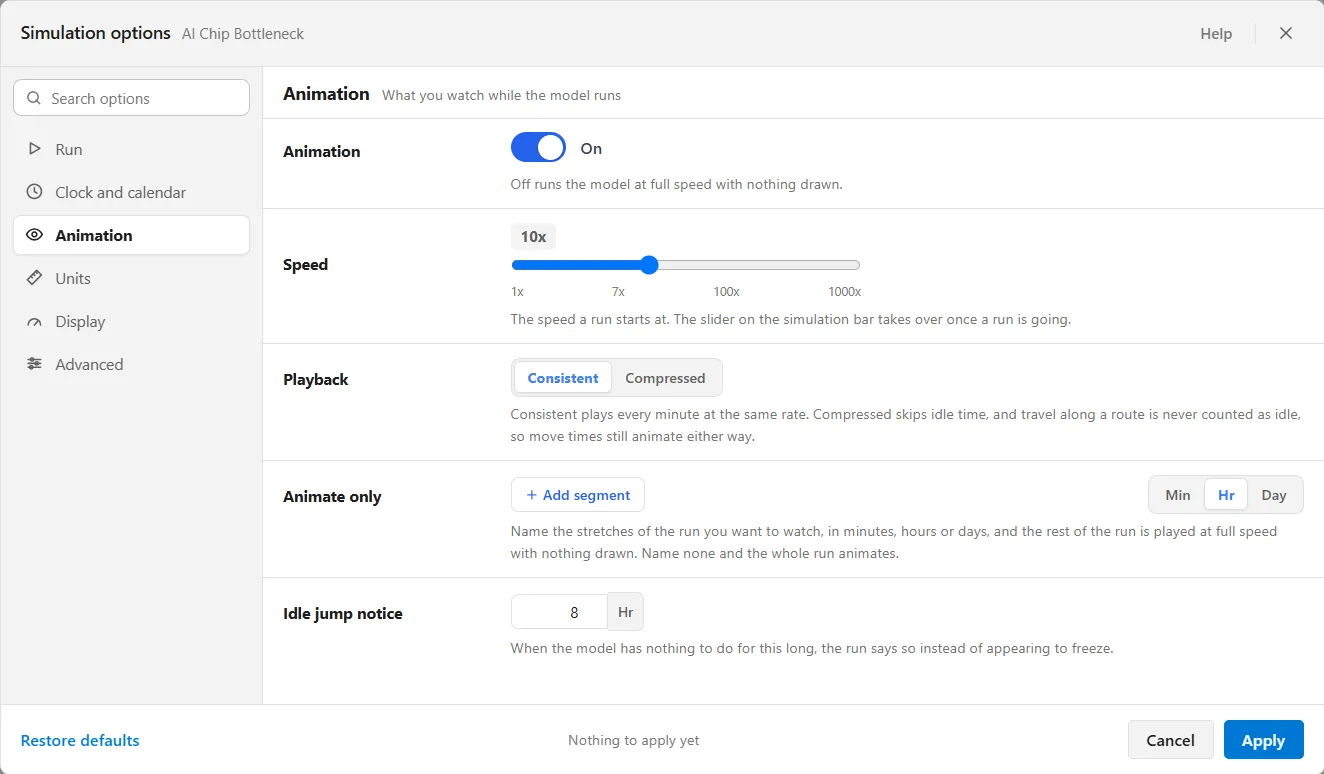 The Animation group: the Animation switch on, a Speed slider at 10x with marks at 1x, 7x, 100x and 1000x, Playback with Consistent chosen beside Compressed, an Animate only row with an Add segment button and the units Min, Hr and Day, and an Idle jump notice of 8 Hr.