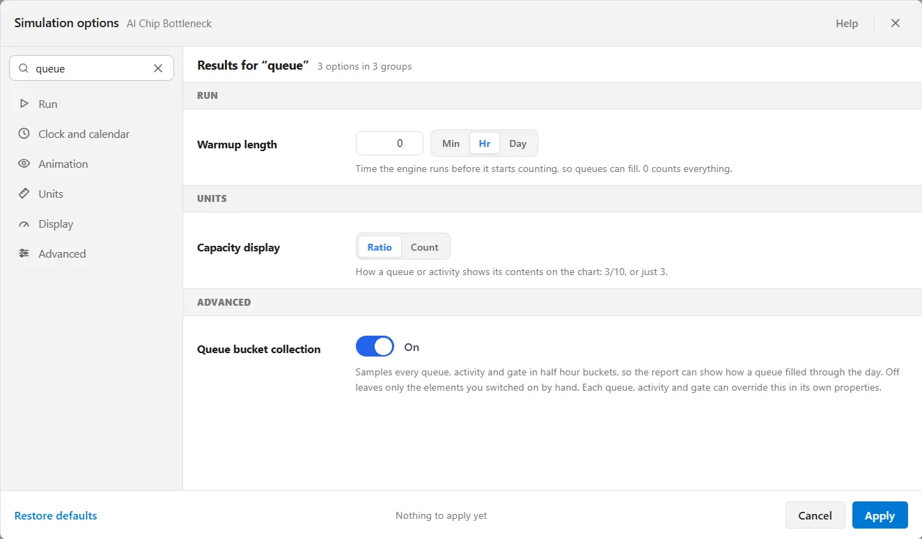 The word queue typed in Search options, and the pane headed Results for queue, 3 options in 3 groups, listing Warmup length under Run, Capacity display under Units and Queue bucket collection under Advanced.