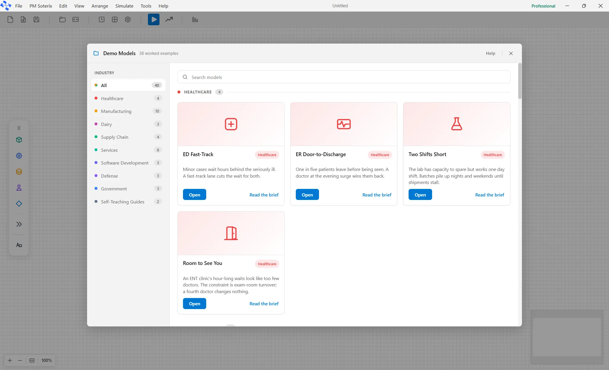 File, then Demo Models. The industry list scrolls the gallery to a heading.