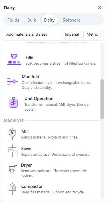 The Machines section of the palette, a row of preconfigured Unit Operations.