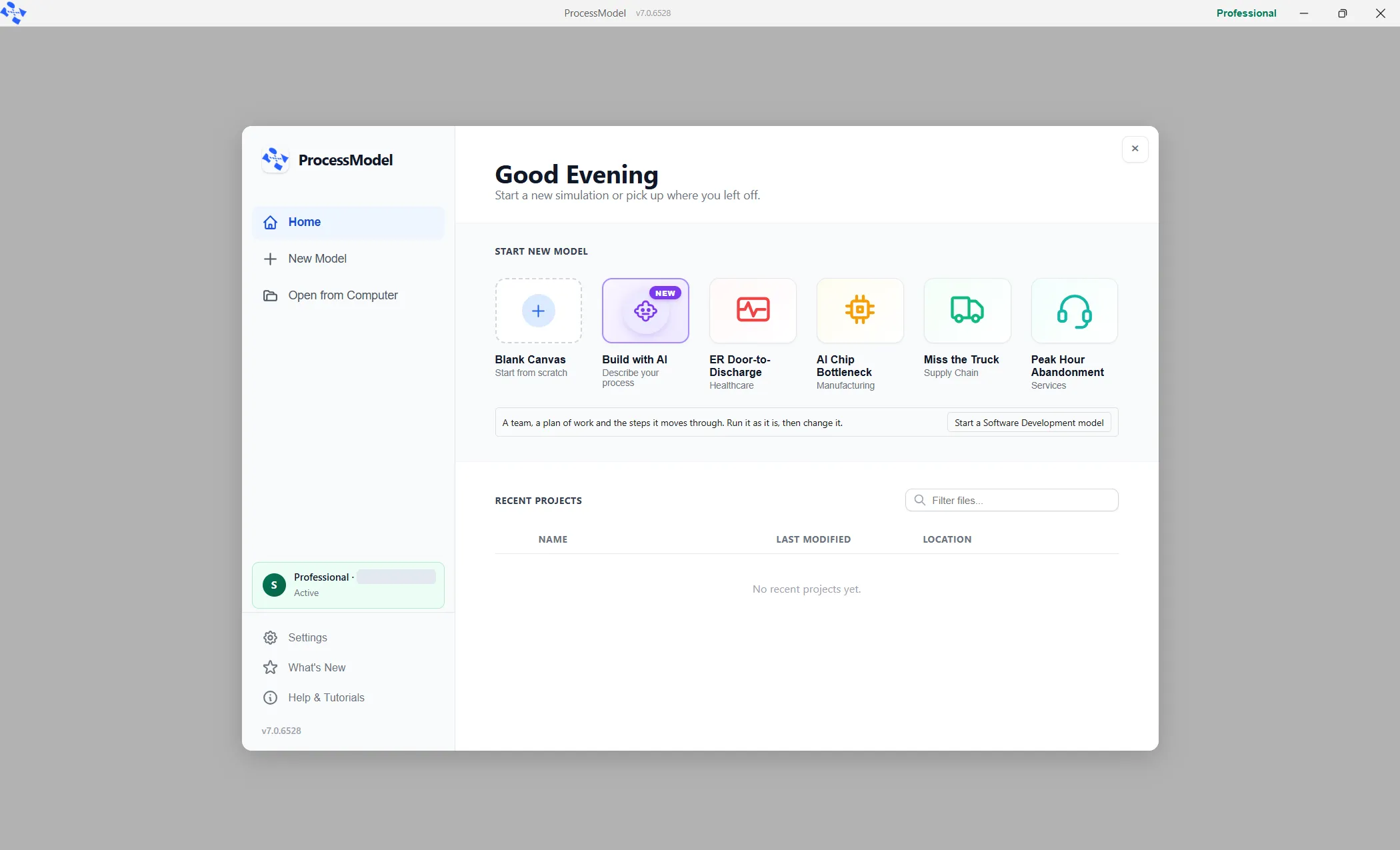 The Welcome screen: the left sidebar, the Start New Model tiles, and Recent Projects.