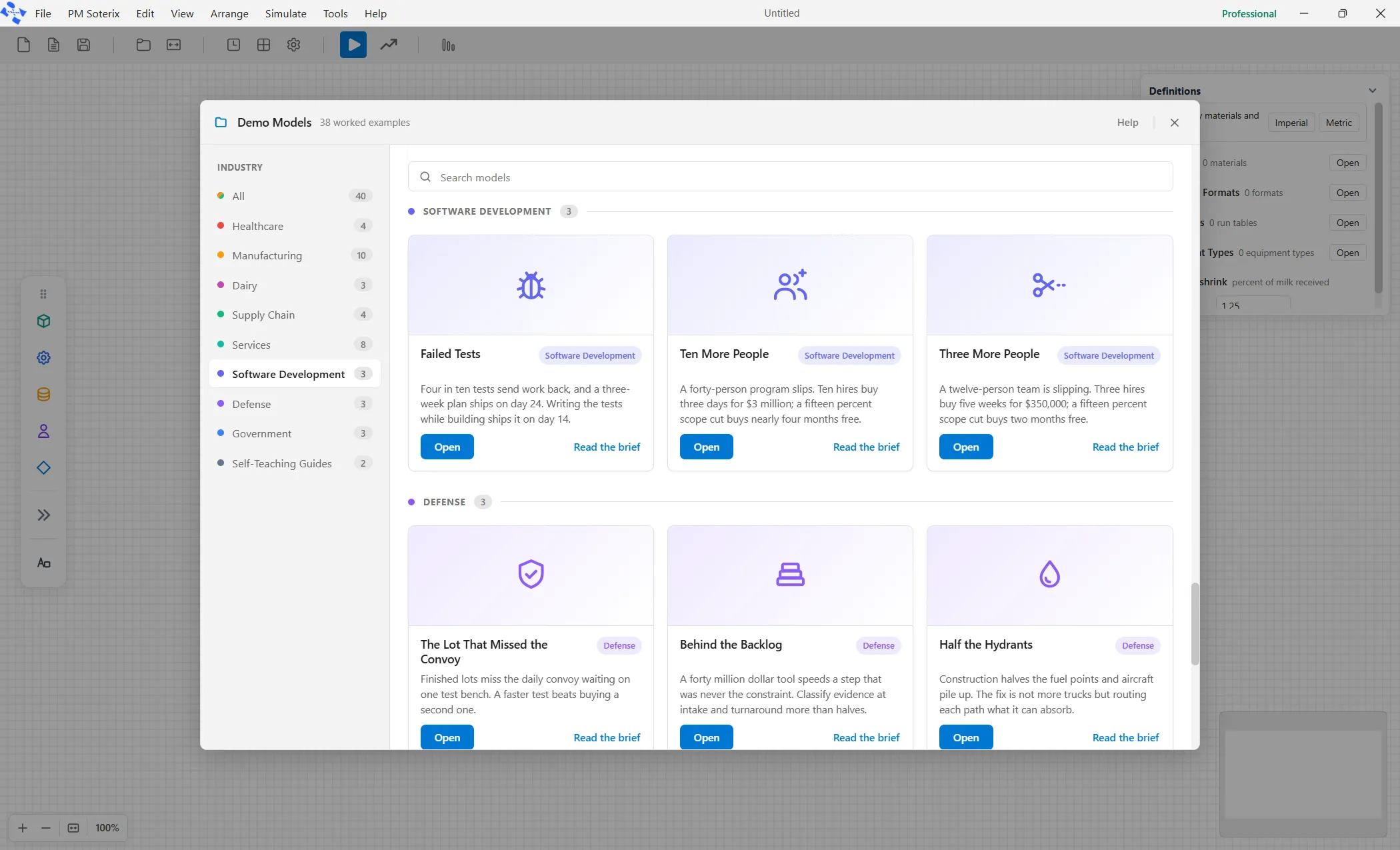 The Demo Models window with Software Development selected.