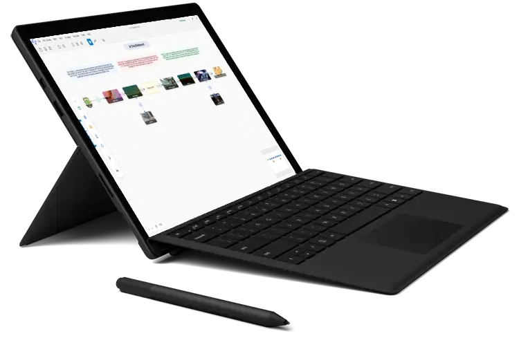 A laptop and pen with a ProcessModel model open on its canvas: three notes above a row of activities